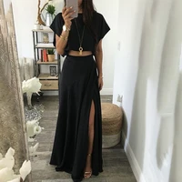 fashion women high split skirt set summer sexy cropped top and long skirt two piece sets black chic pullover lounge wear outfits