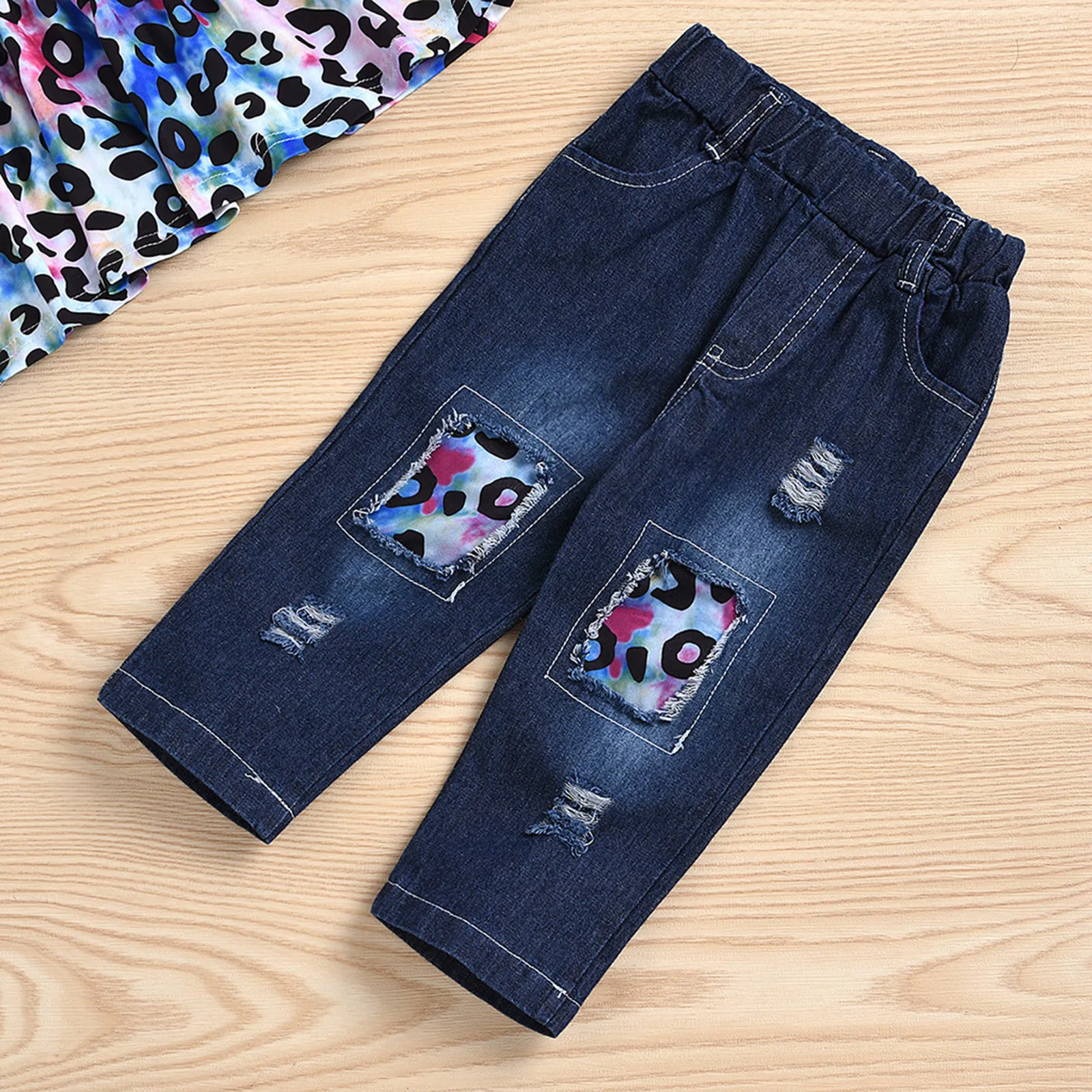 

2pcs Children Suit Fashion Toddler Kids Baby Girls Clothes Set Leopard Print Long T-shirt Tops + Jean Denim Pants Outfits