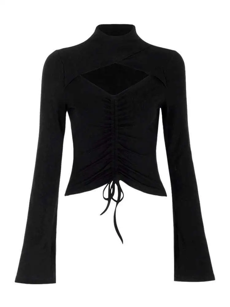 Женские открытые футболки в стиле панк с высокой горловиной и завязками длинными