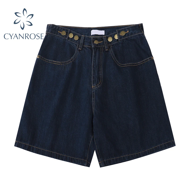 

Wide Leg Denim Pants Women Knee Length Retro Streetwear Straight Dark Blue Jeans Clothes Harajuku Buttons Design Loose Buttoms