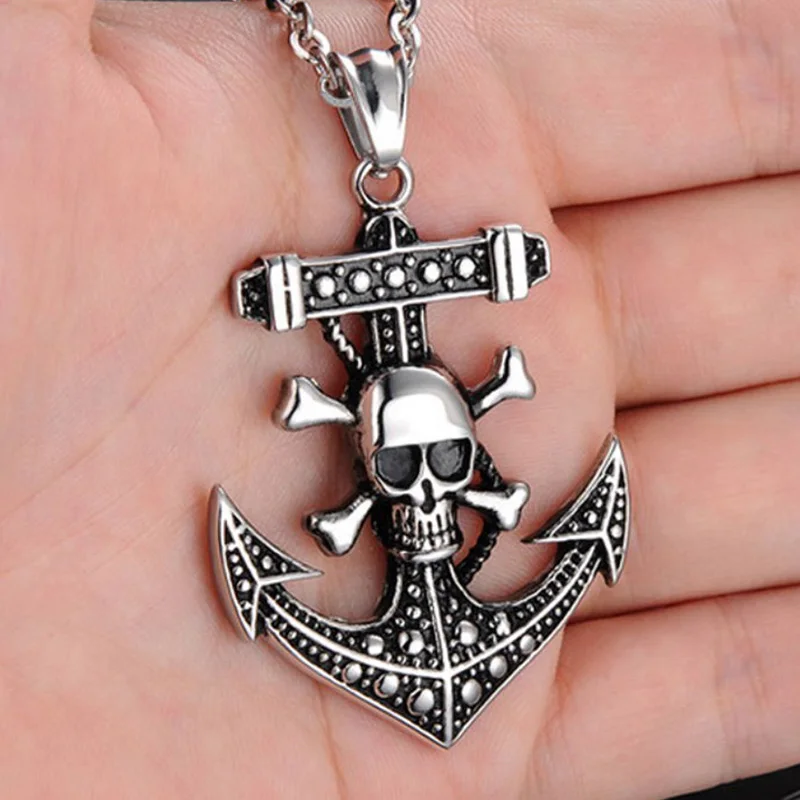 Ожерелье с подвеской в виде черепа пиратского корабля якоря титановой стали |
