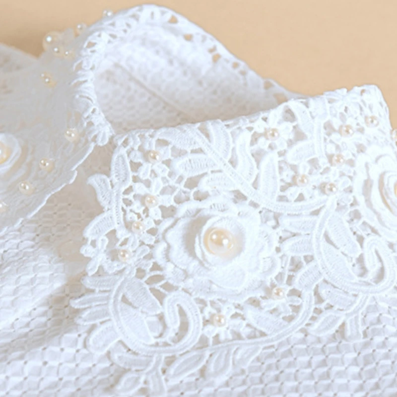 

Women Elegant Faux Pearl Floral Lace Lapel False Collar Plaid Jacquard Detachable Half Shirt Blouse Decorative Dickey
