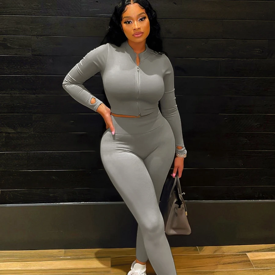 

Fashion Solid Sports 2 Piece Set Zipper Long Sleeve Jacket Elastic Waist Slim Trousers Casual Autumn Lady Tracksuit Streetwear