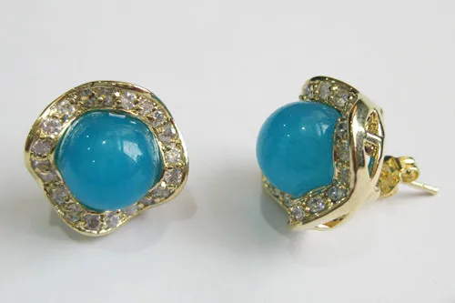 

wholesale fashion jewelry pretty 8mm round blue Natural jade & crystal 18kgp earring