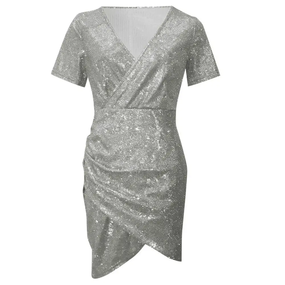 Мини платье женское Облегающее с блестками и коротким рукавом|Женские платья| |