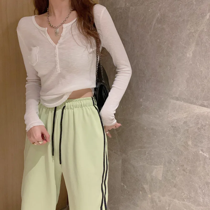 

Korean Chic French Minority Spring and Autumn Clothing Pocket Slim Breasted T-shirt Bottoming Shirt + Slimming Side Stripe