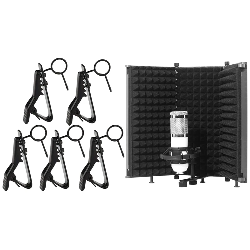 

5 Pcs Microphone Clip Holder Tie Clip Collar Clip & 1 Pcs Isolation Shield Recording Sound Absorber Foam Panel