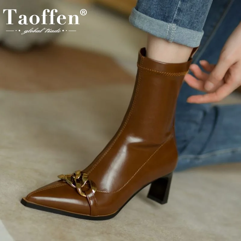 

Taoffen New Ladies High Heel Boots Metal Chain Strange Heel Women Winter Shoes Fashion Ankle Boot Party Footwear Size 34-40
