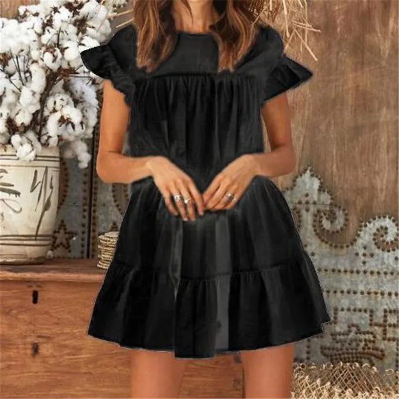 

Women Summer Dress Casual Sleeveless Evening Party Beach Mini Dress Loose Dresses Boho Style Solid Color Ruffle Ladies Dresses