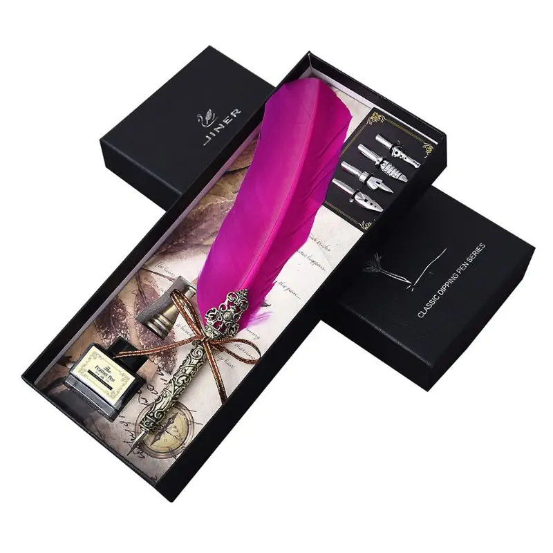 

Vintage Handmade Feather Quill Dip Fountain Pen with Ink Nibs English Calligraphy Writing Stationery Wedding Gift Dropshipping