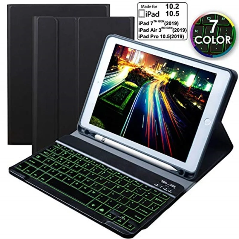 

Съемный чехол для IPad 7, 10,2 дюйма, 2019, чехол для планшета с клавиатурой, iPad Air 10,5, 2019-7, со встроенным держателем для ручки, с Цветной подсветкой