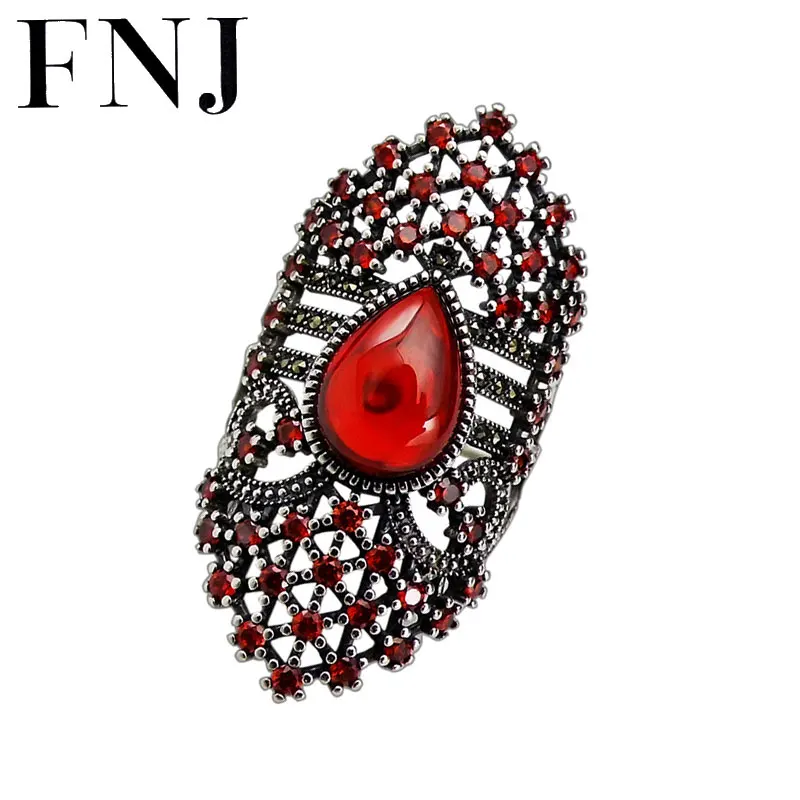 

FNJ Statement Rings 925 Silver Adjustable Size Open Popular S925 Solid Silver Ring for Women Jewelry Fine Red Zircon Flower