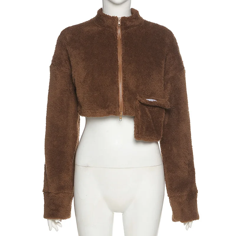 

LVINMW Velvet With Pockets Solid Casual Winter Two Piece Set Women Stand Collar Long Sleeve Zip Crop Top High Waist Pants Street