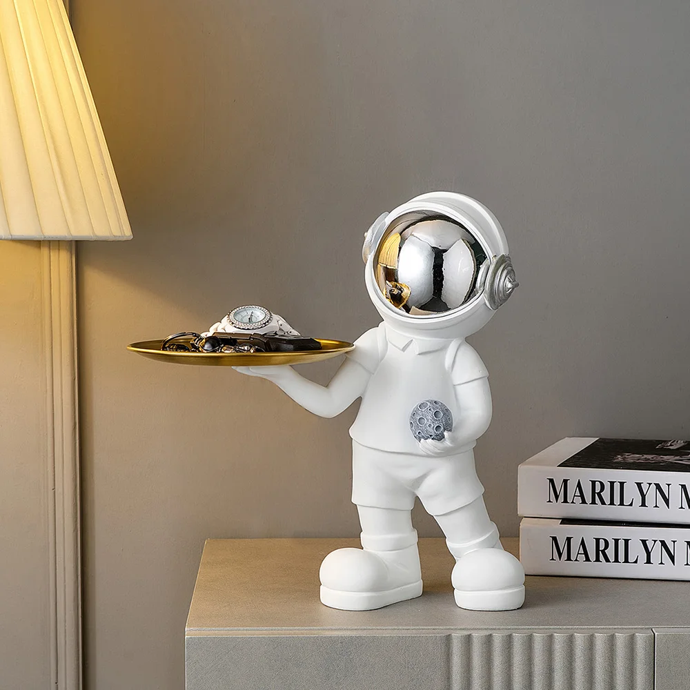

Nordic Astronaut Statue Metal Tray Resin Sculpture Modern Home Decor Spaceman Figurines Key Storage Tray Living Room Porch Decor