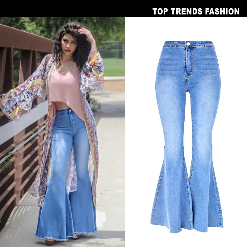 

2021 New Spring Autumn Flare Jeans High Waisted Raw Hem Wide Leg Skinny Women Denim Pants