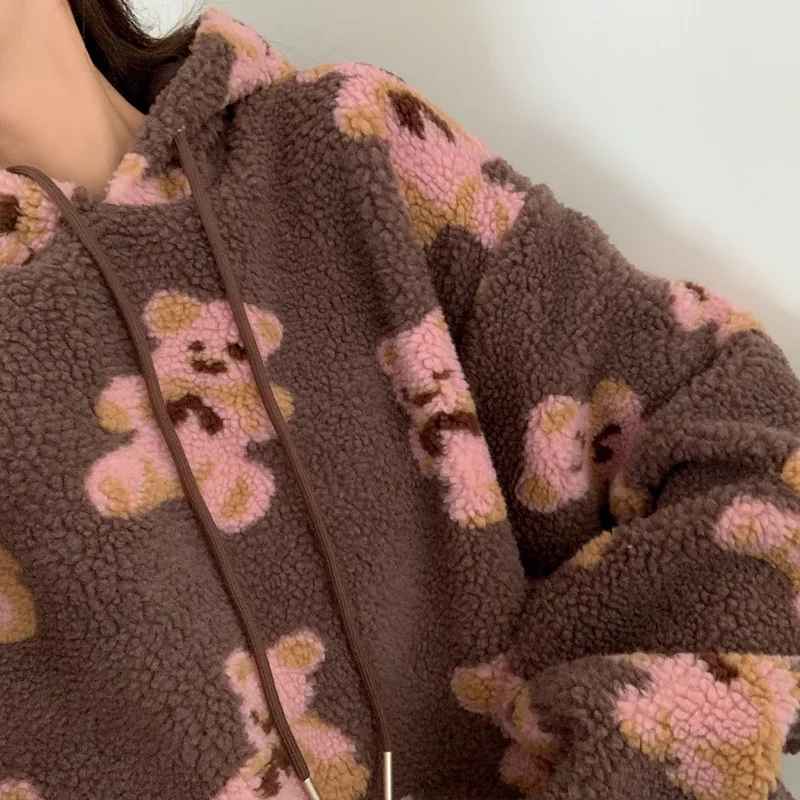 

Women Harajuku Hoodies Sweatshirts Faux Lamb Hair Bear Hoodie Korean Loose Casual Pullover Winter Furry Warm Unisex Streetwear