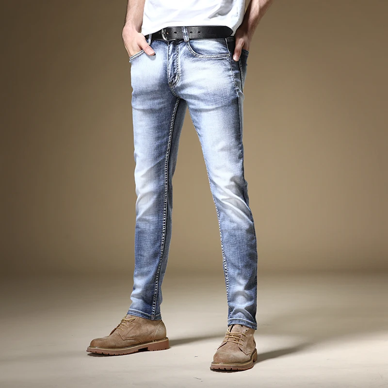 Men Stretch Light Blue Jeans Fashion Cotton Straight Slim Fit Pants Casual Streetwear Denim Trousers