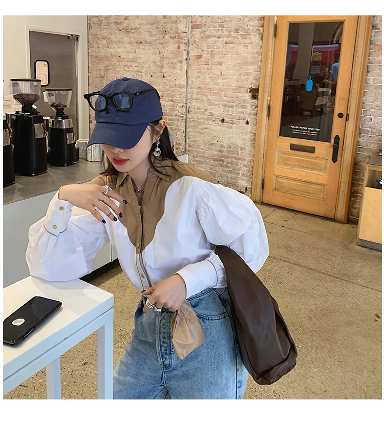WHITNEY WANG Blouses 2020 Spring Fashion Streetwear Colors Contrast Patchwork Blouse Women Blusas Office Lady Shirt Top | Женская одежда