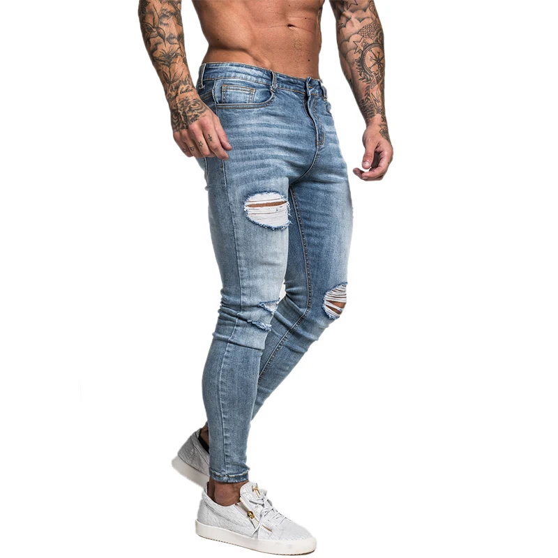 Gingtto Men Jeans Skinny Stretch Repaired Light Blue Hip Hop Distressed Super Slim Fit Cotton Comfortable Big Size | Мужская одежда