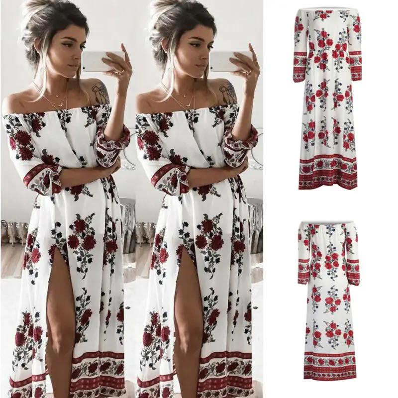 

Goowrom Plus Size Boho Womens Holiday Off Shoulder Floral Print Maxi Lady Beach Party Floor-Length Dress