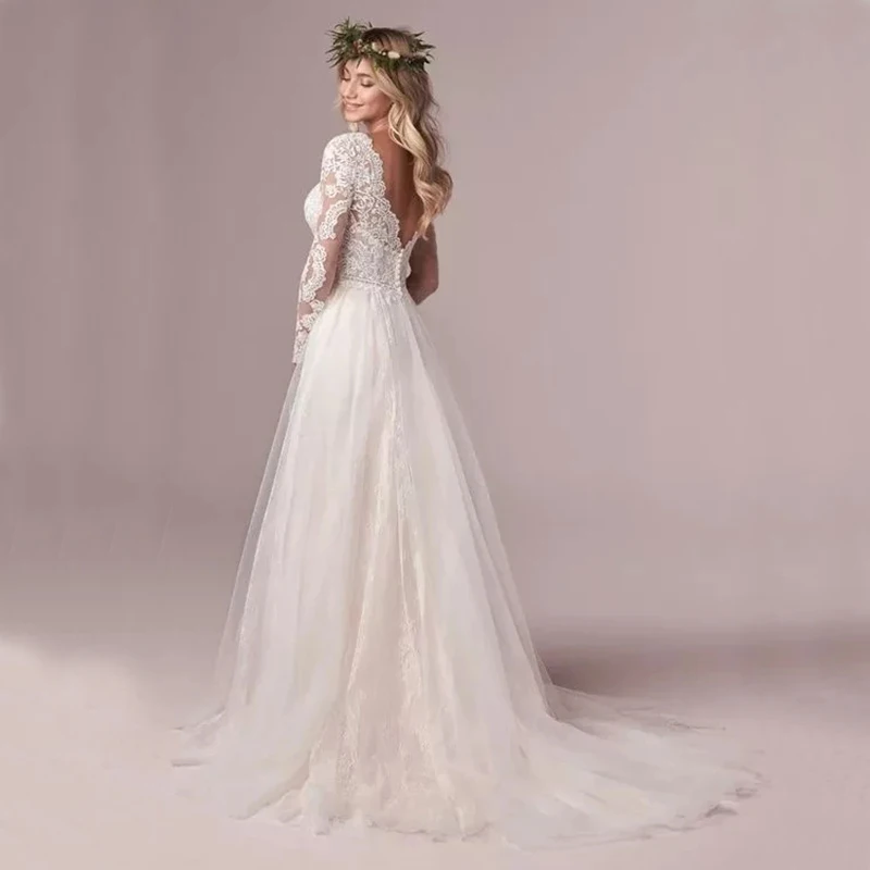 

Платье свадебное ТРАПЕЦИЕВИДНОЕ с длинным рукавом, Тюлевая Кружевная аппликация, с открытой спиной, для невесты