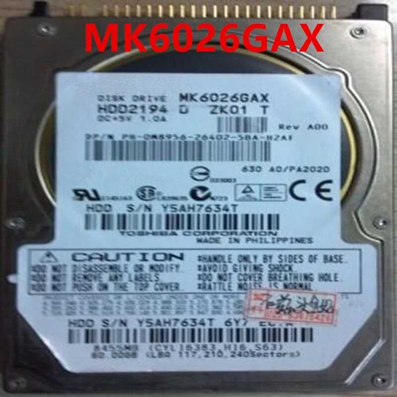 

Почти новый оригинальный жесткий диск для Toshiba 60 Гб 2,5 дюйма IDE 16 Мб 5400 об/мин для внутреннего жесткого диска для ноутбука HDD для MK6026GAX