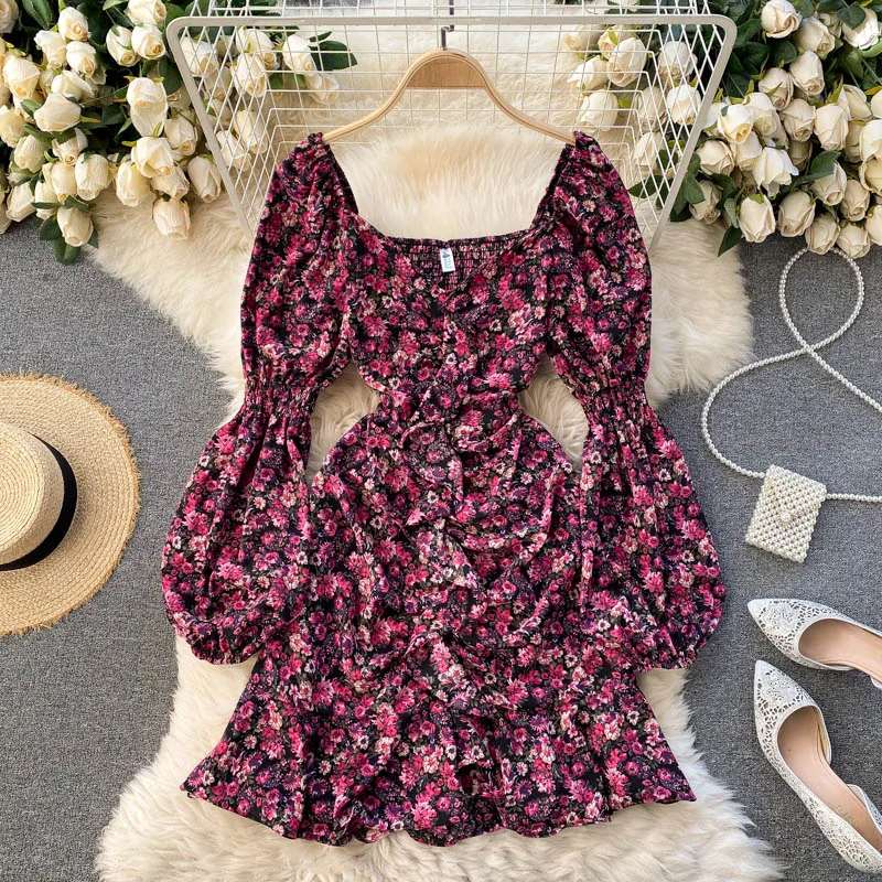 

FTLZZ New Spring Autumn Women Sweet Ladies Floral Print Dress Square-neck Lantern Sleeve Mini Dress Vintage Draped Ruffled Dress