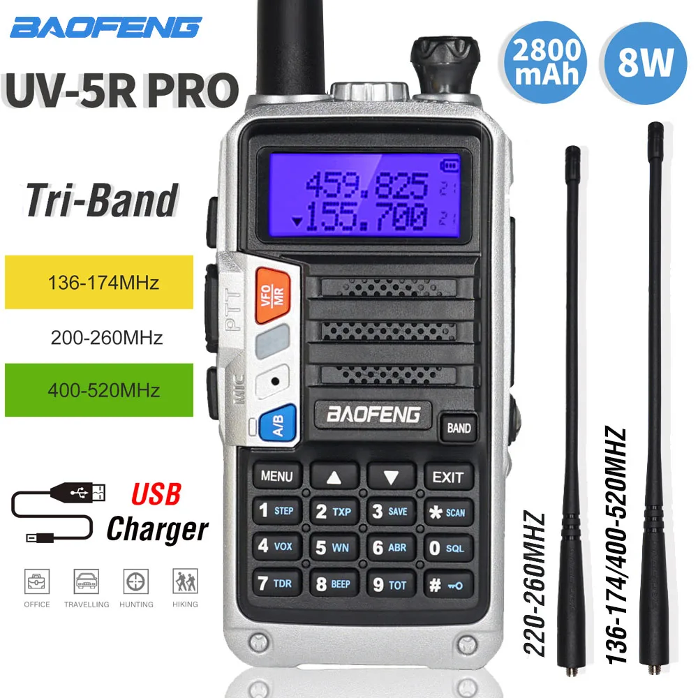 Трехдиапазонная портативная рация Baofeng UV 5R Pro 8 Вт высокомощная двухсторонняя