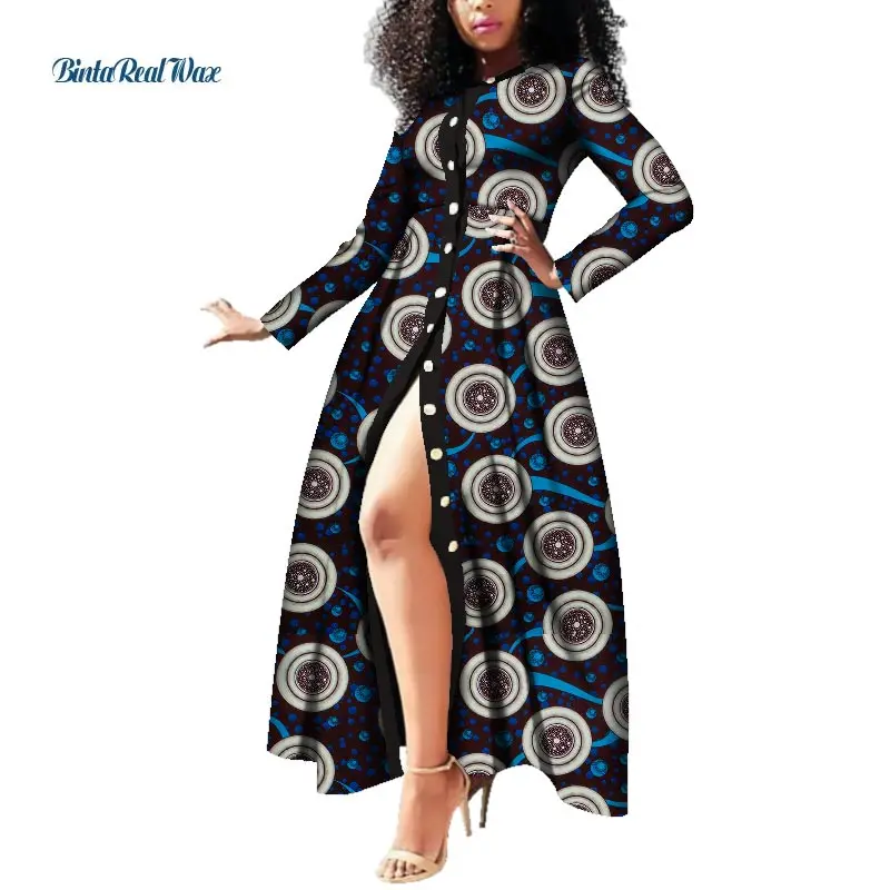 Африканские платья для женщин с вощеным принтом длинные на пуговицах Vestido Bazin Riche