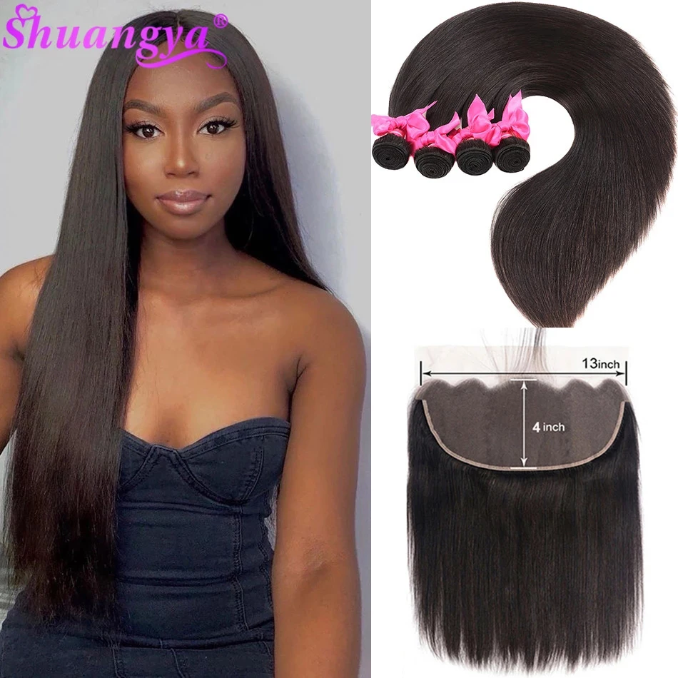 Shuangya волосы индийские кости прямые пряди с фронтальной Remy человеческие