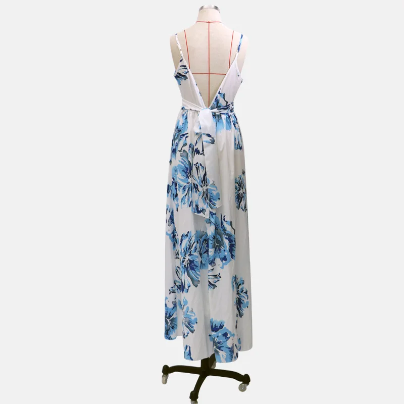 

Mandylandy Summer Fashion V-neck Backless Spaghetti Strap Sleeveless High Waist Dress Women's Sexy Floral Print Loose Dress