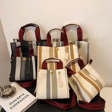 

Fashion Stripe Canvas Tote Women Handbag Designer Wide Strap Shoulder Crossbody Bags for Women 2021 Casual Shopper Bag Female