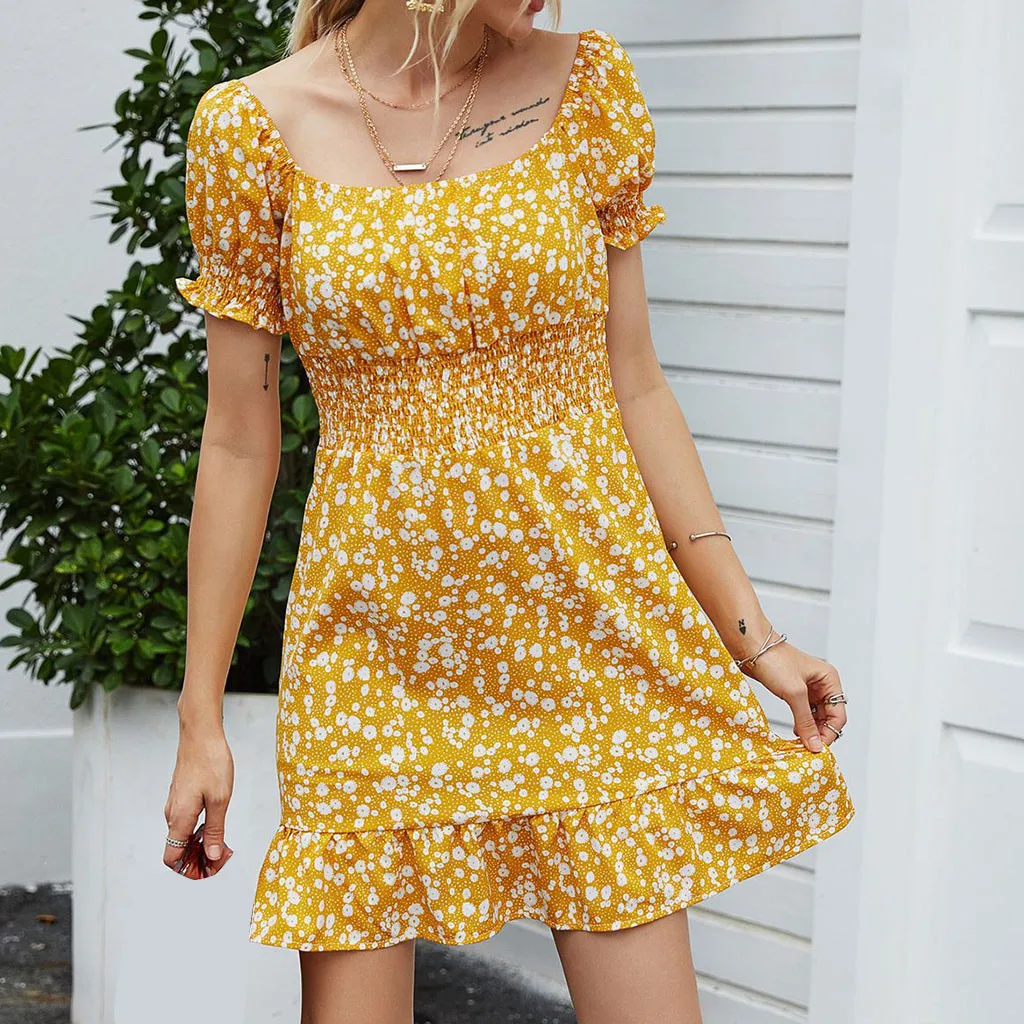 Повседневное платье в стиле бохо с коротким рукавом Платья цветочным рисунком
