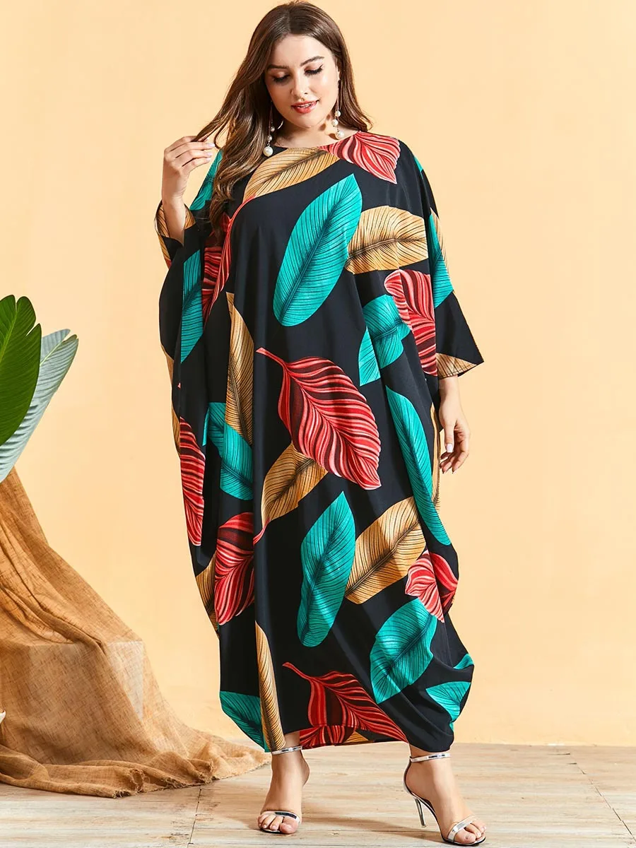 2021 Oversize Woman Dress Colorful Leaf Print Batwing Sleeve Maxi Long Dresses for Women Black Loose Muslim Abaya Robe