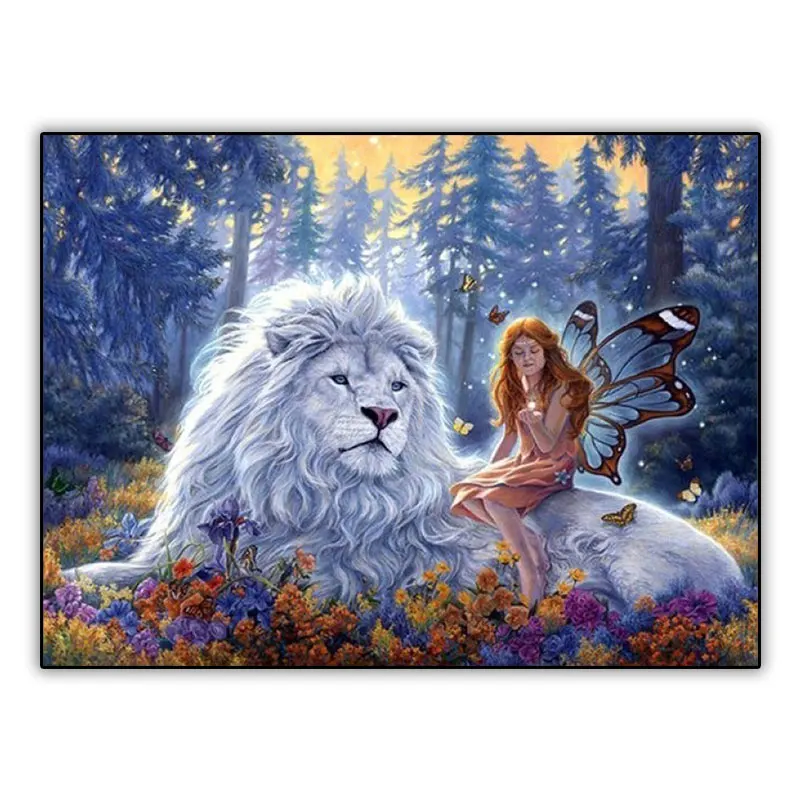 

Алмазная 5d картина с бабочкой, девушкой и белым львом, Набор для вышивки крестиком, абстрактная картина, квадратная картина