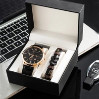 men wristwatch bracelet set fashion business calendar quartz watch mens cowhide bracelet 2pcs relogio masculino gift for father