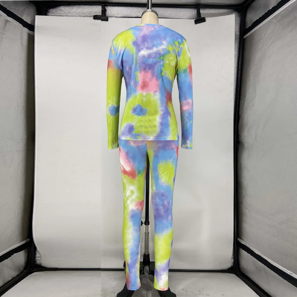 

Rainbow Tie Dyeing Printed Two Piece Set Women New Streetwear Sexy Long Sleeve Tshirt+high Waist Slim Fit Legging Female Outfits