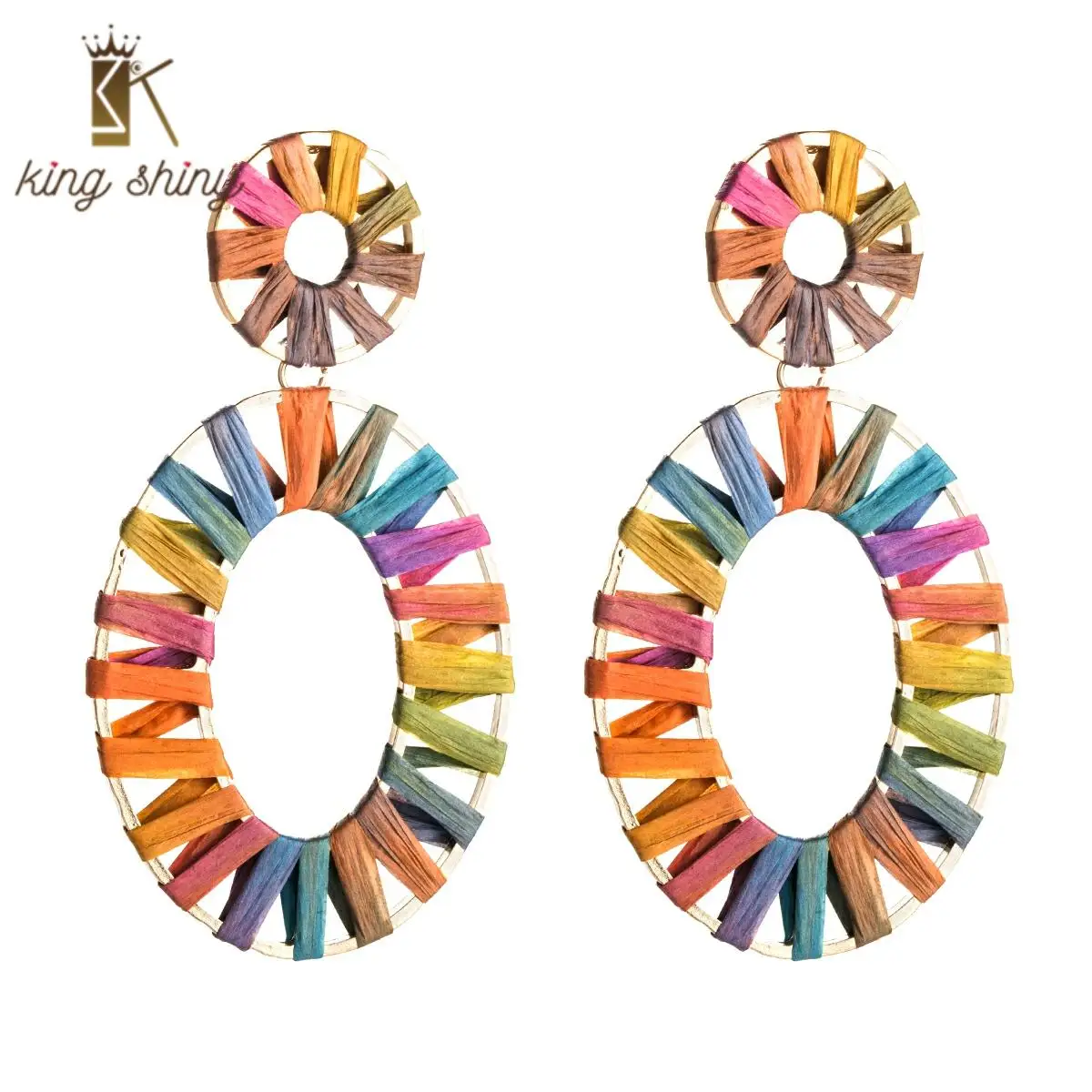 

2020 Korean New Arrivals Pure Hand Made Weave Rainbow Colorful Raffia Rattan Statement Geometric Big Oval Drop Earring for Woman