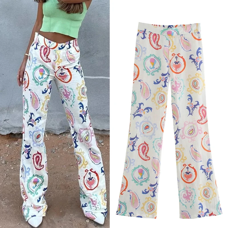 

Za Print Flared Pants Women High Waist Woman Trousers Summer 2021 Elastic Waist Fashion Casual Streetwear Loose Pants