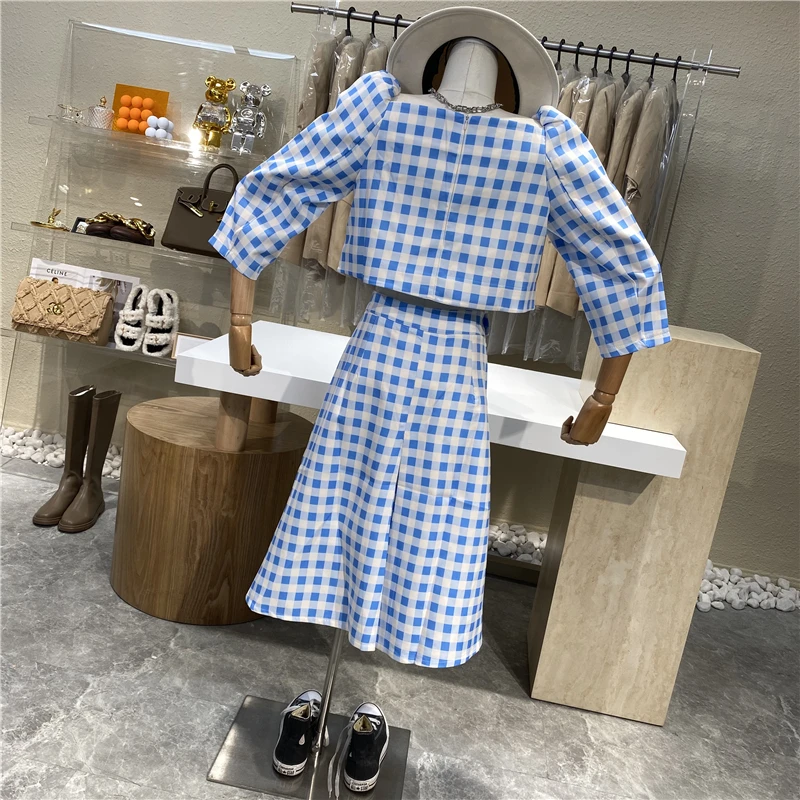 

Playful age reduction bubble sleeve square neck lace up short plaid Top + high waist slim A-line skirt suit