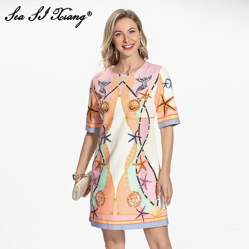 

Seasixiang Fashion Designer Summer Mini Dress Women O-Neck Short Sleeve Floral Print Beading Dresses