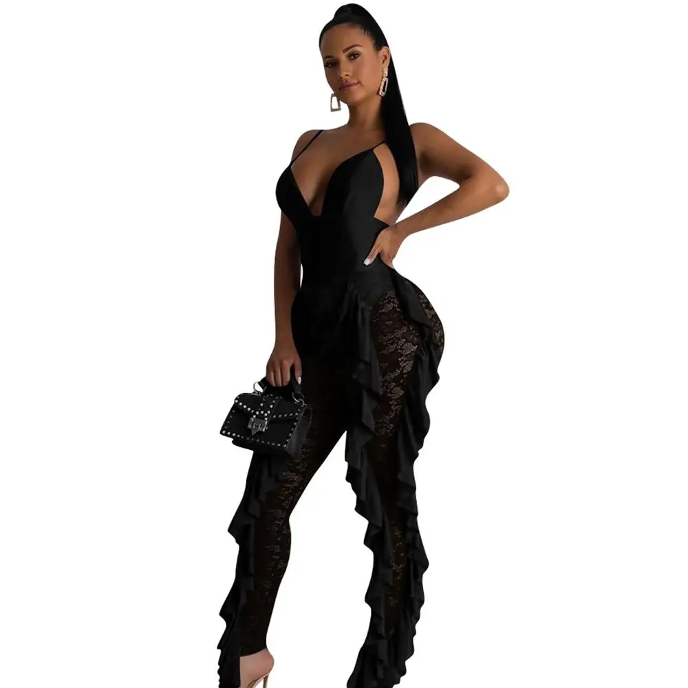 black jumpsuit Adogirl однотонный синий кружевной комбинезон с оборками женский сексуальный v-образный вырез на тонких бретелях с открытой спиной обтягивающий Комбинезон ночной клуб Вечерние боди - Цвет: black jumpsuit