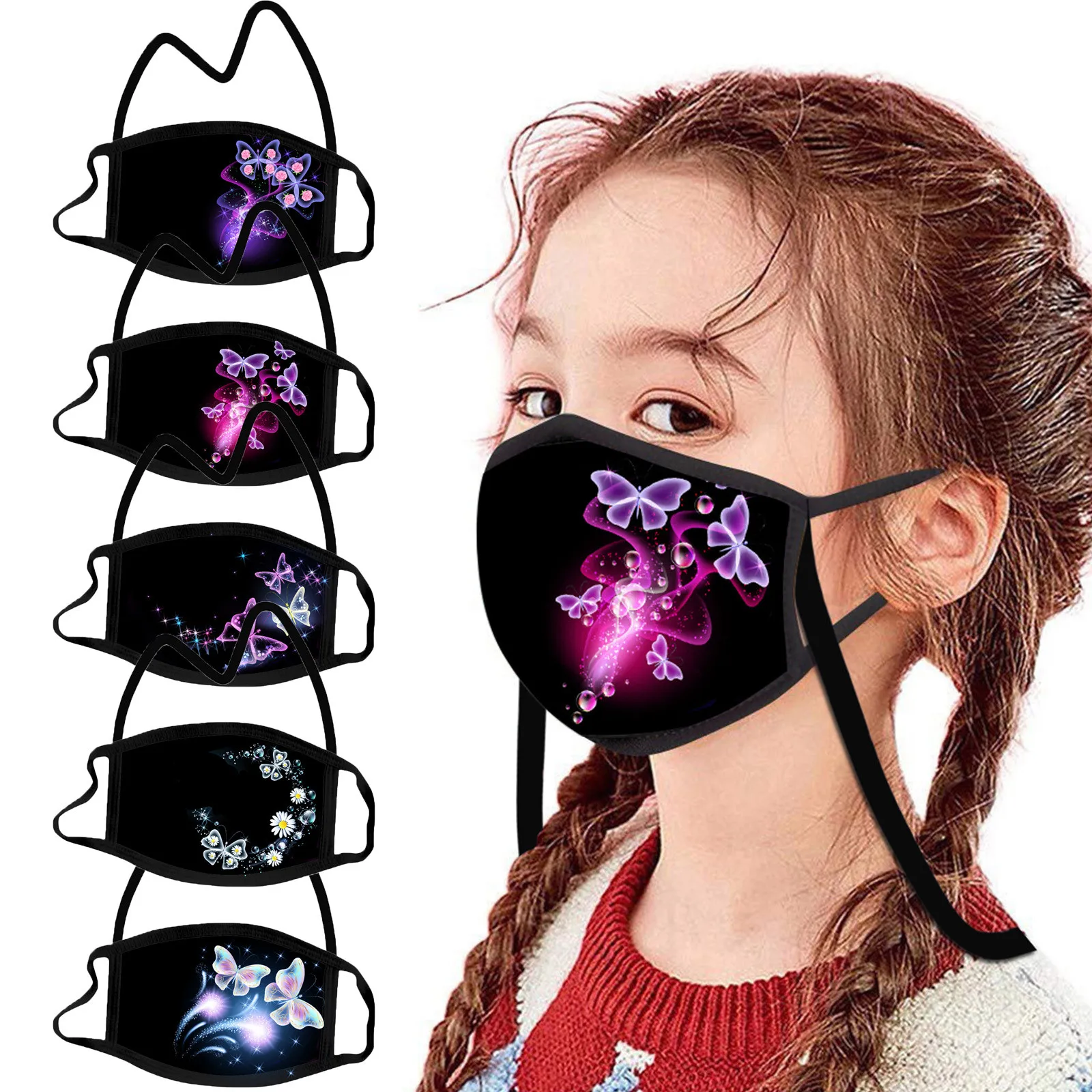 

5PC Children's Butterfly Outdoor Cotton Washable Reusable Hang Neck Face Masks Fashionable and convenient dust mask