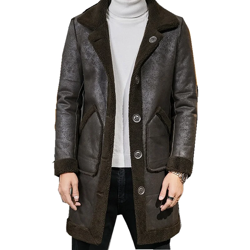 

Winter Warm Mens Faux Fur Overcoat Slim Fit Thicken Single Breasted Double-Sided Artificial Leather Coat Men Bikers Long Jacket
