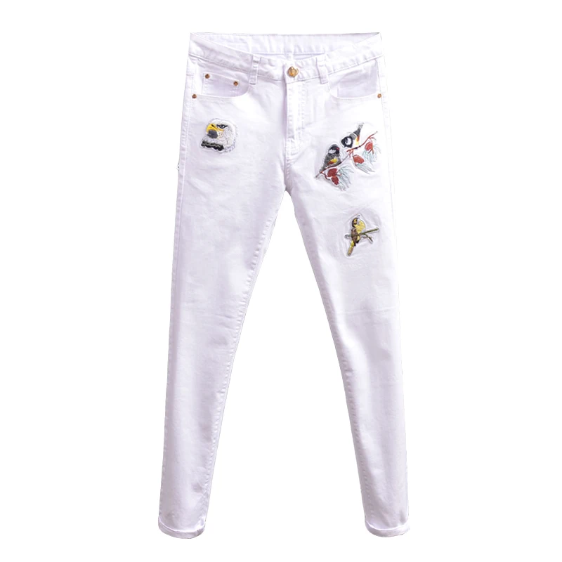 

VIANKANI Fashion Skinny Jeans Elastic White Streetwear Bird Embroidery Pants for Cowboys Men 28-36