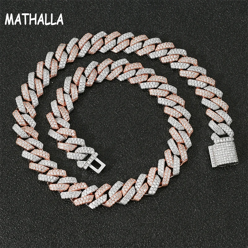 MATHALLA 14mm Miami Box Clasp Men's Cuban Chain Necklace Golden Hip Hop Jewelry Pink CZ Party Rock Necklace