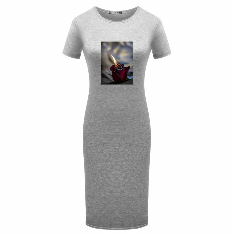 

Flame Rose Print Woman Dress 2021 Spring Summer Midi Dresses Short Sleeve O-Neck Bodycon Black Party Club Package Hip Vestidos
