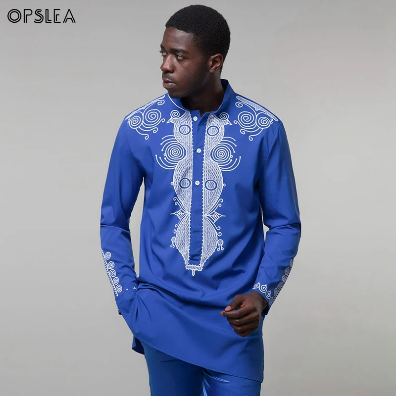 Opslea Dashiki африканская Мужская рубашка с длинным рукавом и стоячим воротником Bazin Riche с национальным этническим принтом Одежда Повседневная приталенная рубашка