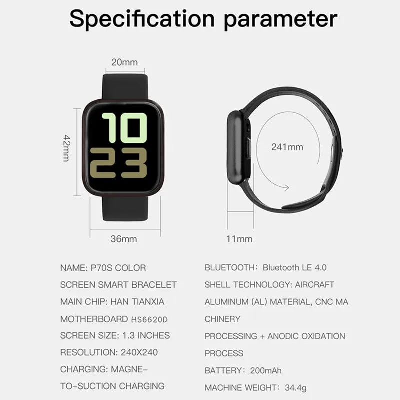 

Original P70S Smart Watch Bracelet With Blood Pressure Heart Rate Monitor Pedometer Fitness Tracker Smartwatch for IOS Android