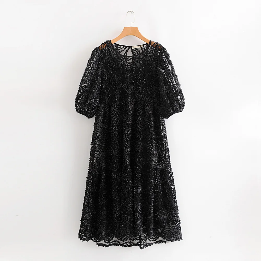 Star firefly casual western puff sleeve round neck openwork lace Za long dress female loose stitching dress women